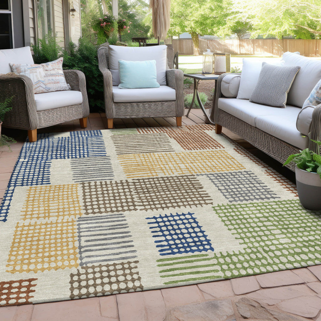 10' X 14' Beige Gold And Blue Geometric Washable Indoor Outdoor Area Rug - Sports & Outdoor