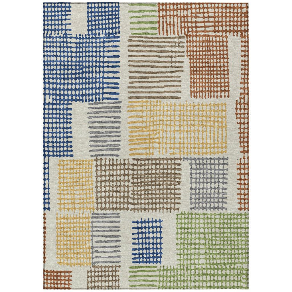 10' X 14' Beige Gold And Blue Geometric Washable Indoor Outdoor Area Rug - Sports & Outdoor
