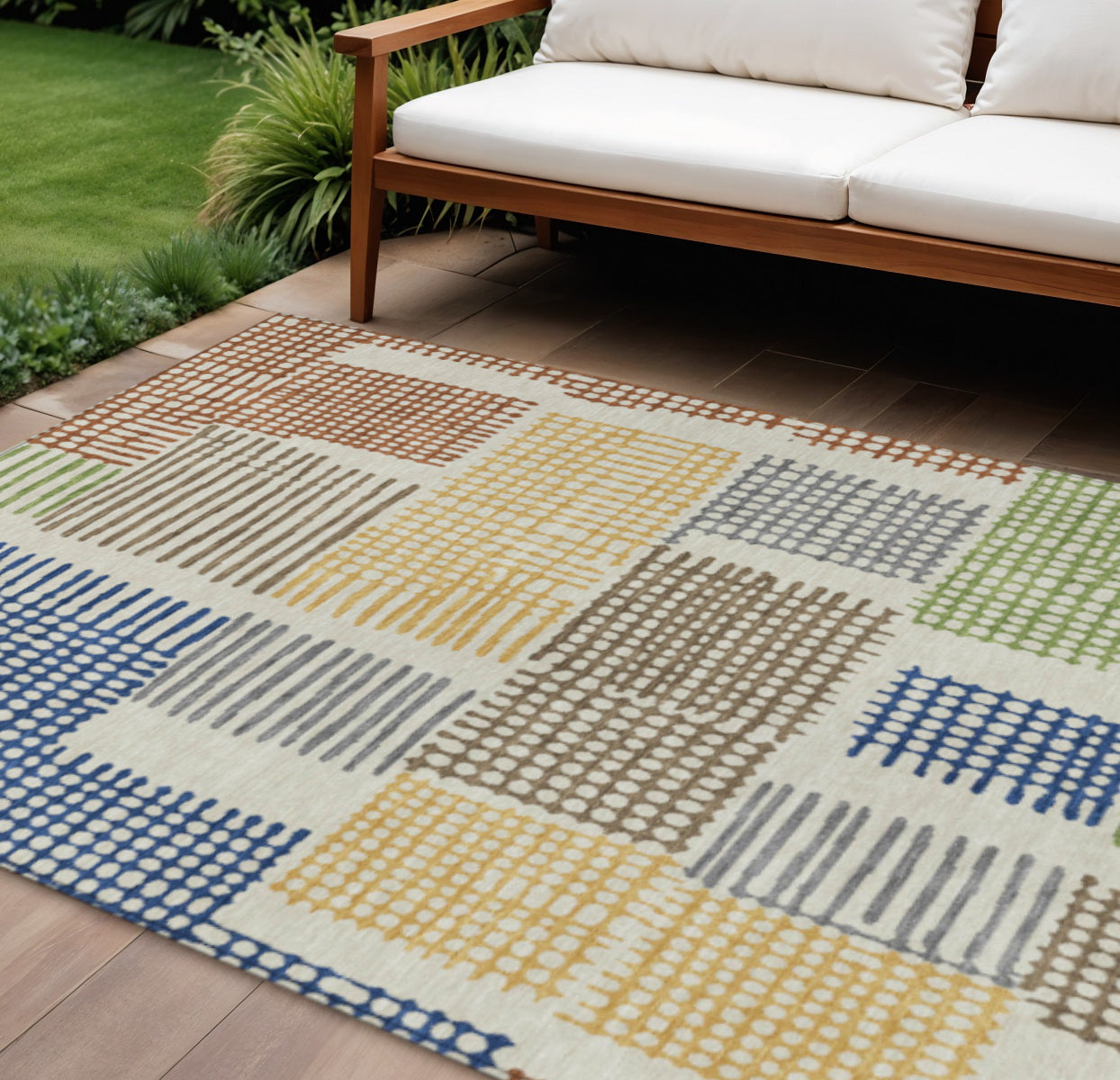 10' X 14' Beige Gold And Blue Geometric Washable Indoor Outdoor Area Rug - Sports & Outdoor