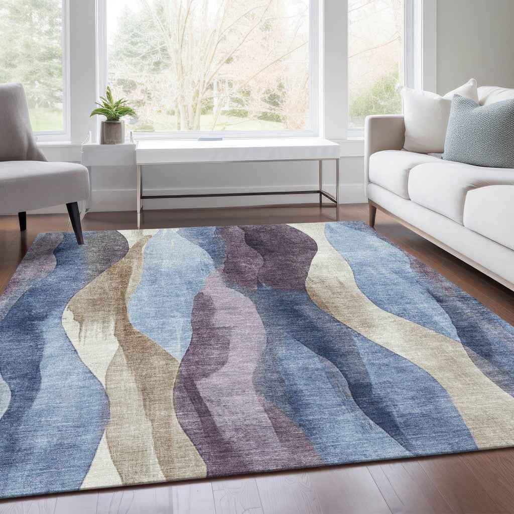 5' X 8' Denim Blue And Purple Abstract Washable Indoor Outdoor Area Rug