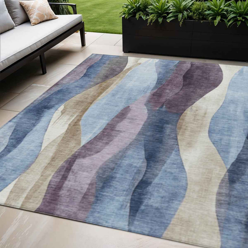 5' X 8' Denim Blue And Purple Abstract Washable Indoor Outdoor Area Rug