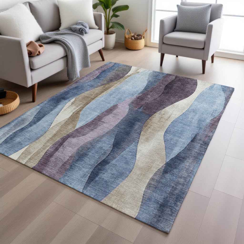 5' X 8' Denim Blue And Purple Abstract Washable Indoor Outdoor Area Rug