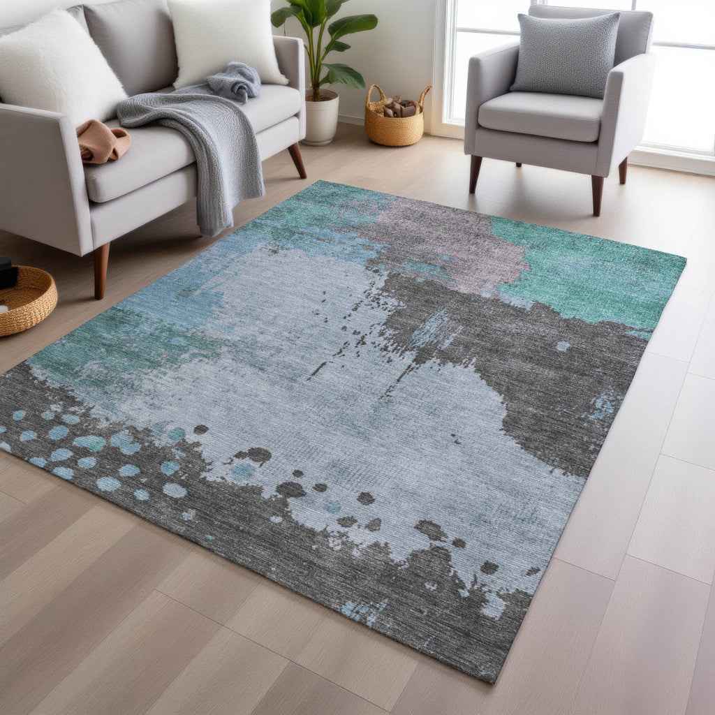 3' X 5' Teal Blue Aqua And Taupe Abstract Washable Indoor Outdoor Area Rug