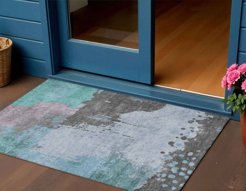 3' X 5' Teal Blue Aqua And Taupe Abstract Washable Indoor Outdoor Area Rug