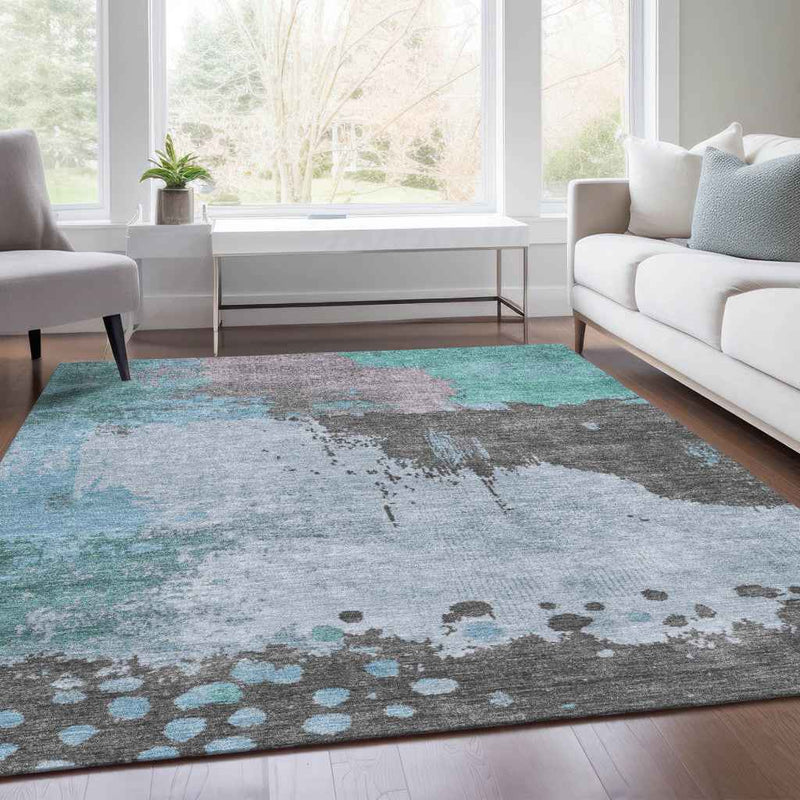 3' X 5' Teal Blue Aqua And Taupe Abstract Washable Indoor Outdoor Area Rug