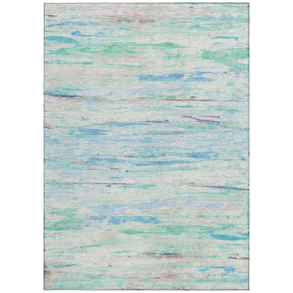 9' X 12' Teal Blue And Ivory Abstract Washable Indoor Outdoor Area Rug