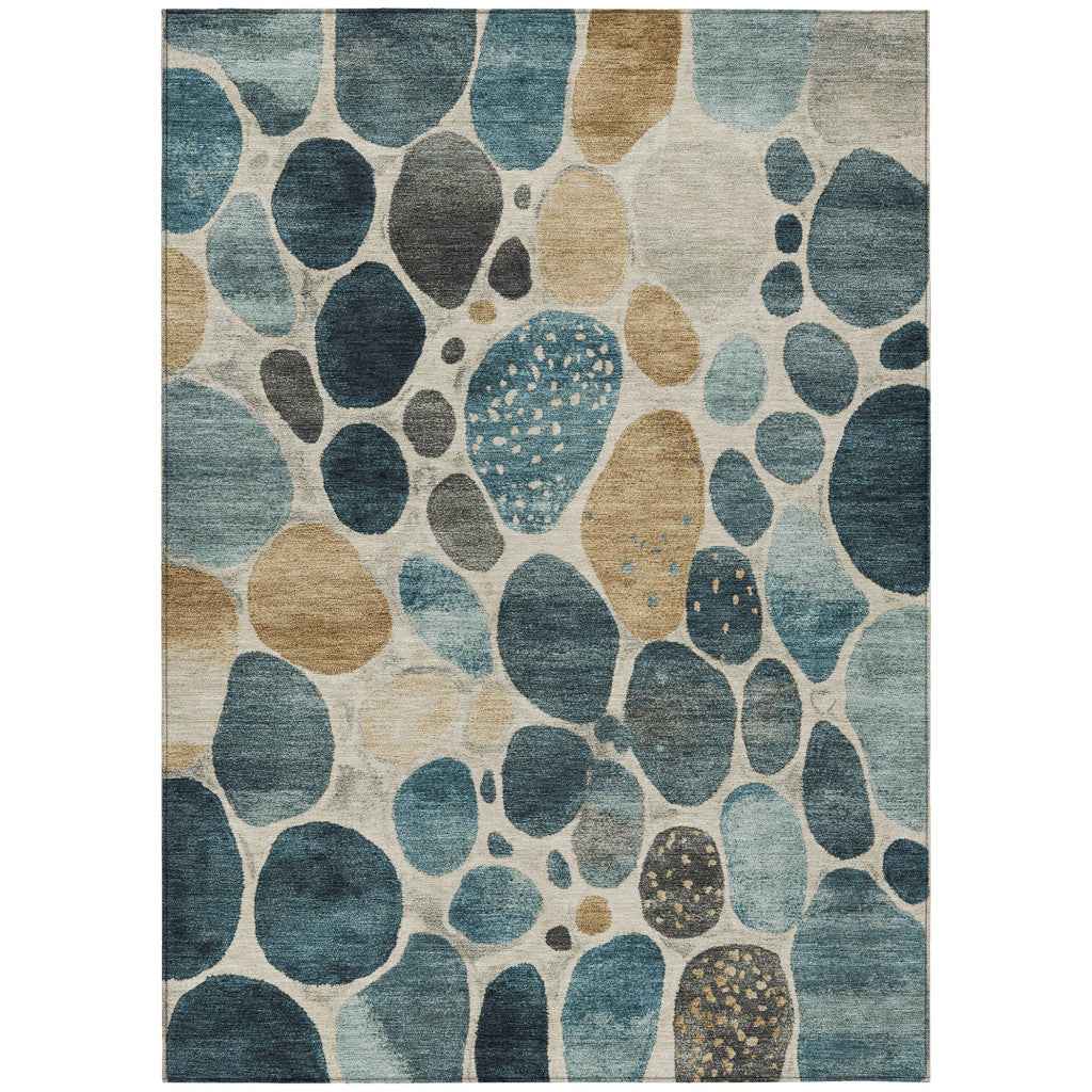 9' X 12' Teal Blue Beige And Ivory Geometric Washable Indoor Outdoor Area Rug