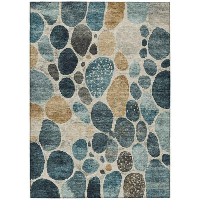 9' X 12' Teal Blue Beige And Ivory Geometric Washable Indoor Outdoor Area Rug