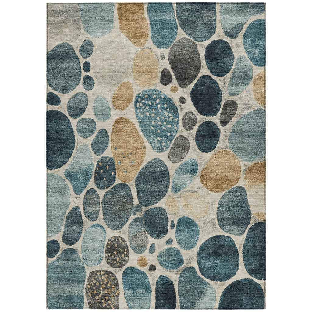 9' X 12' Teal Blue Beige And Ivory Geometric Washable Indoor Outdoor Area Rug
