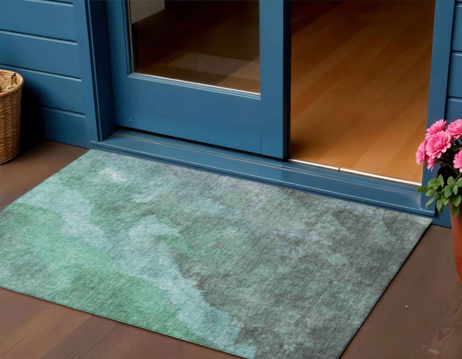 3' X 5' Teal Blue And Pale Aqua Abstract Washable Indoor Outdoor Area Rug