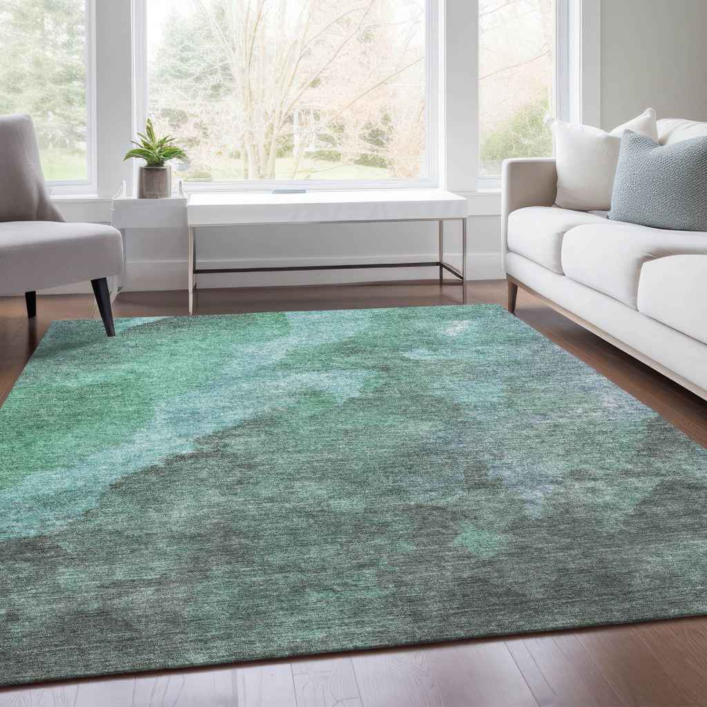 3' X 5' Teal Blue And Pale Aqua Abstract Washable Indoor Outdoor Area Rug