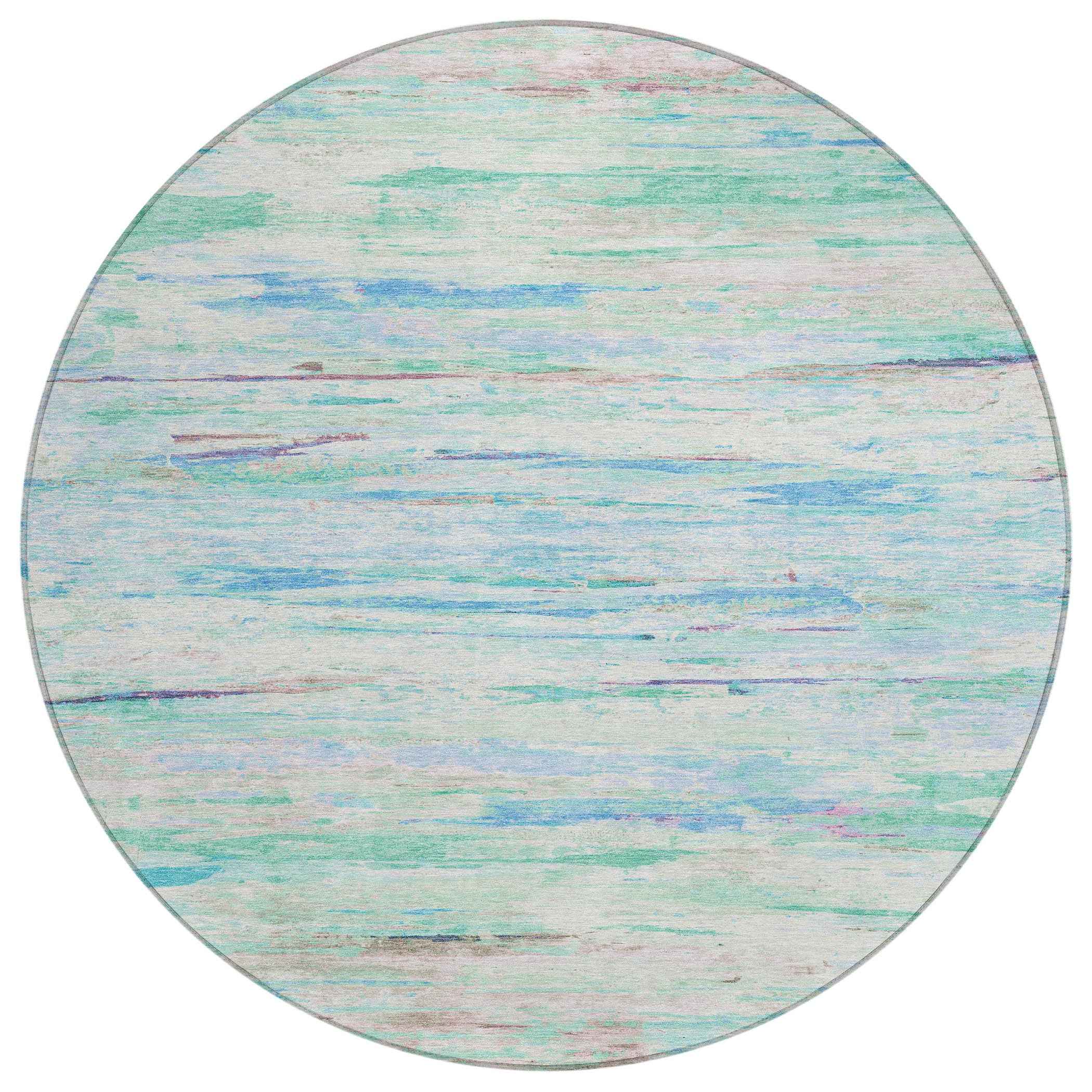 8' Teal Blue And Ivory Round Abstract Washable Indoor Outdoor Area Rug