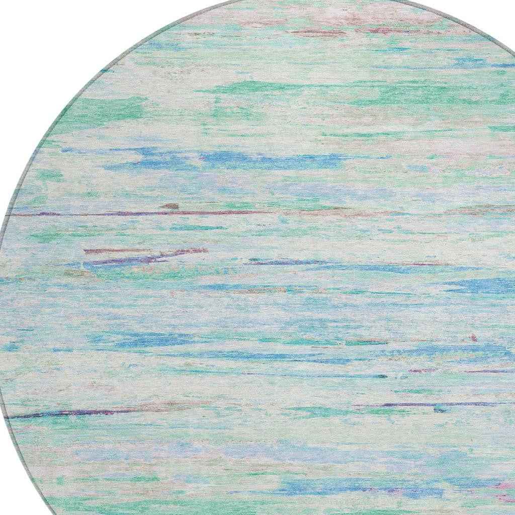 8' Teal Blue And Ivory Round Abstract Washable Indoor Outdoor Area Rug