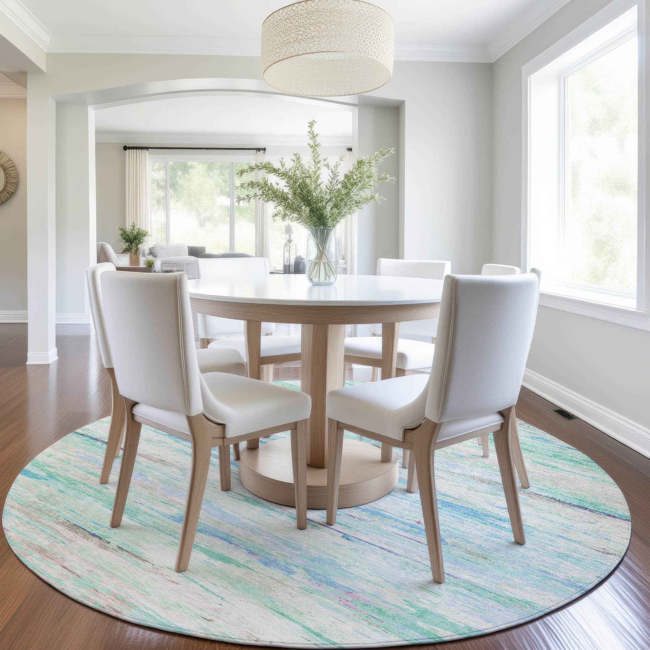 8' Teal Blue And Ivory Round Abstract Washable Indoor Outdoor Area Rug