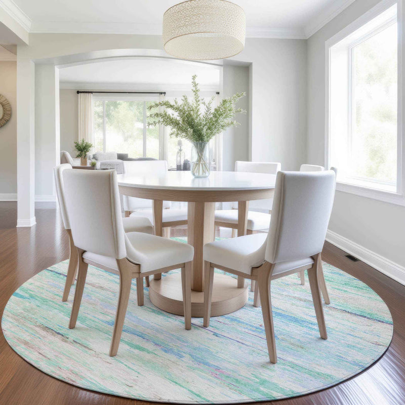 8' Teal Blue And Ivory Round Abstract Washable Indoor Outdoor Area Rug