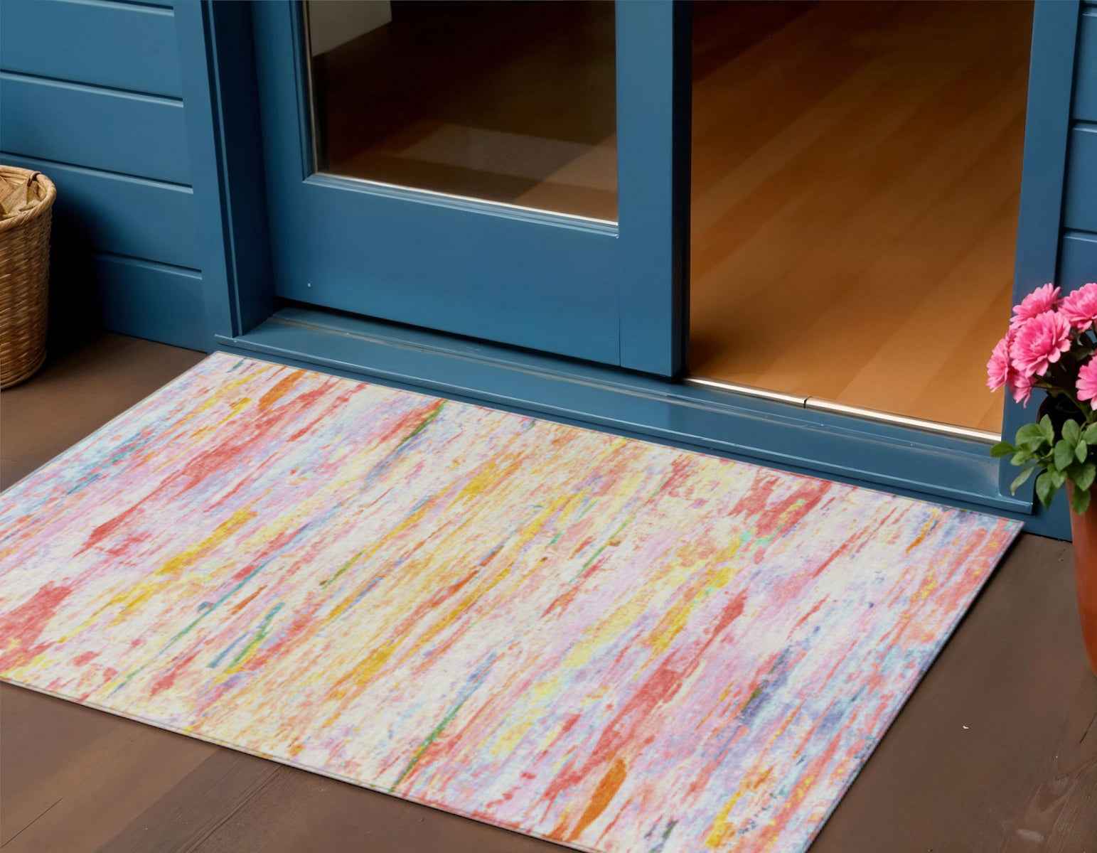 3' X 5' Coral And Yellow Abstract Washable Indoor Outdoor Area Rug