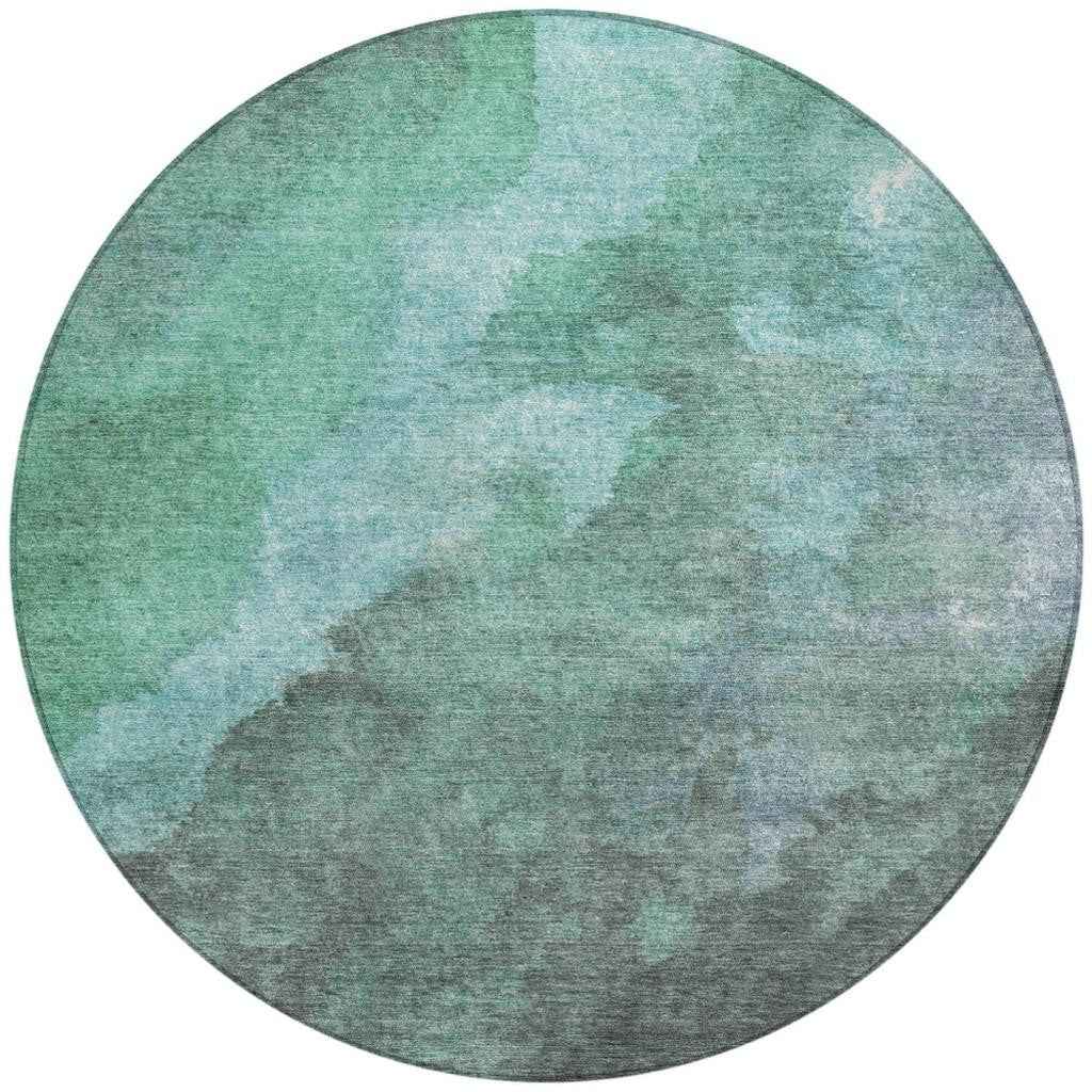 8' Teal Blue And Pale Aqua Round Abstract Washable Indoor Outdoor Area Rug