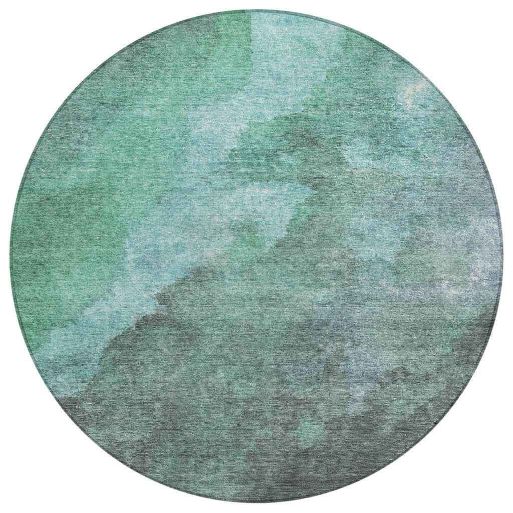 8' Teal Blue And Pale Aqua Round Abstract Washable Indoor Outdoor Area Rug