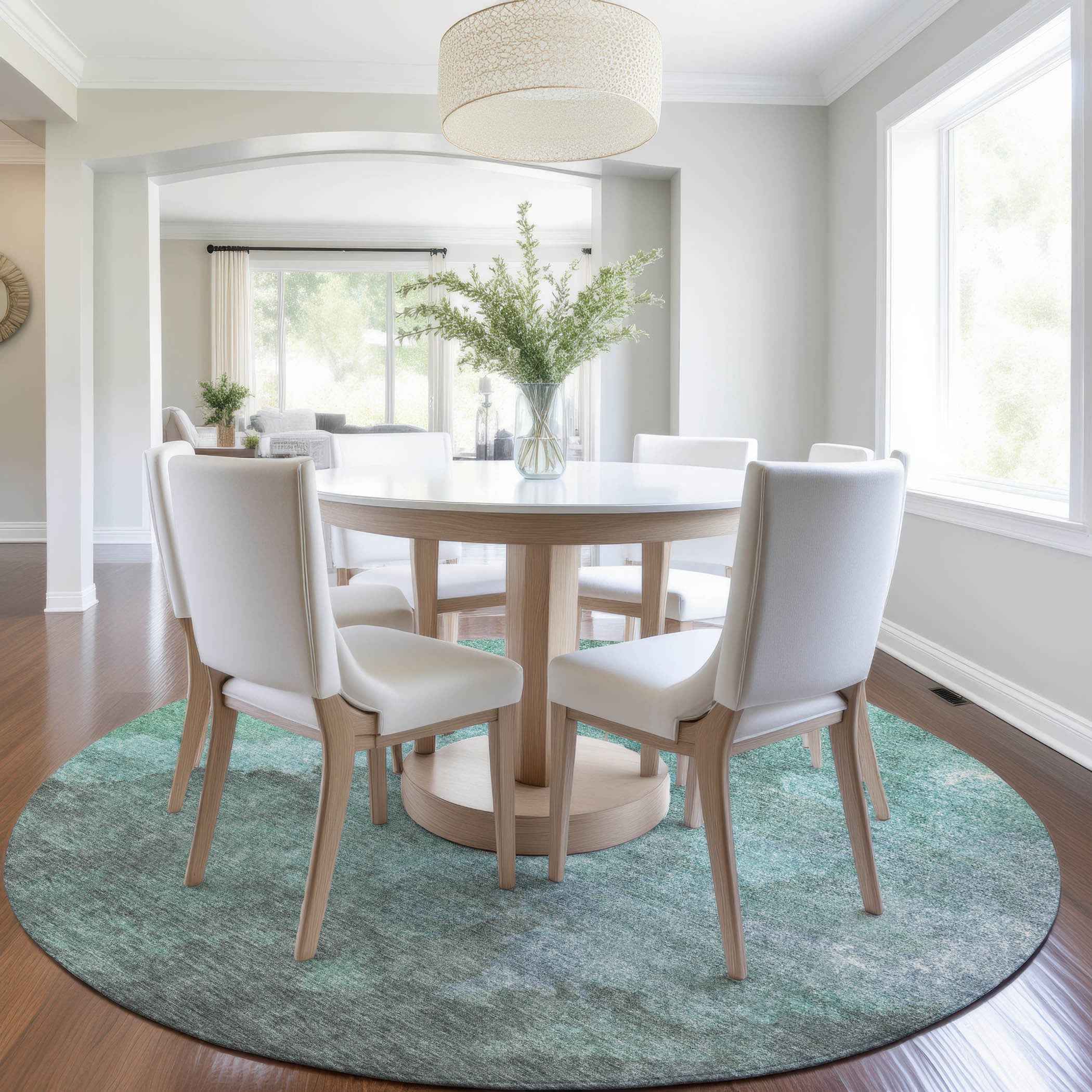 8' Teal Blue And Pale Aqua Round Abstract Washable Indoor Outdoor Area Rug