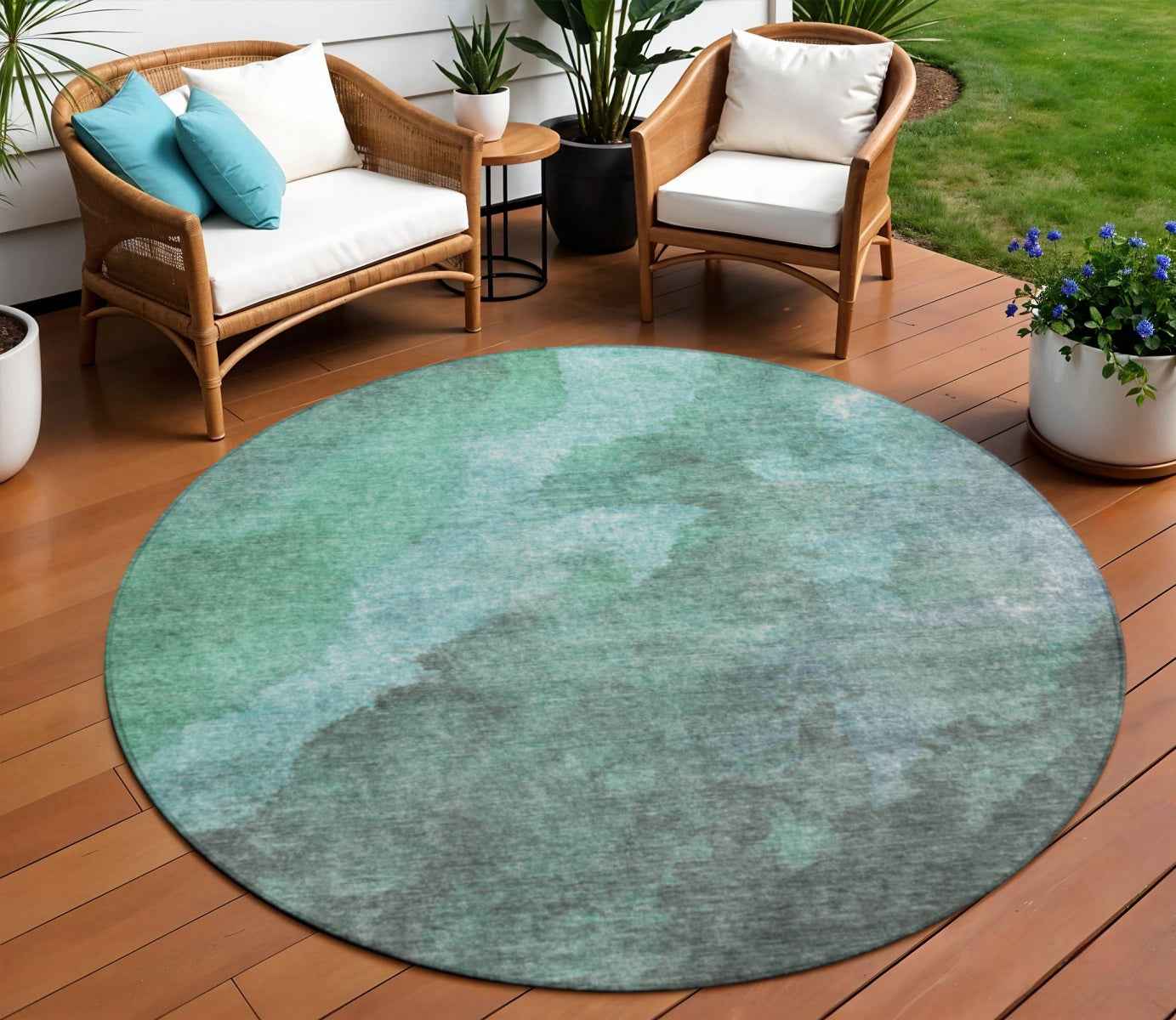 8' Teal Blue And Pale Aqua Round Abstract Washable Indoor Outdoor Area Rug