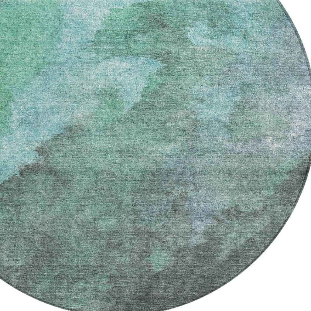 8' Teal Blue And Pale Aqua Round Abstract Washable Indoor Outdoor Area Rug
