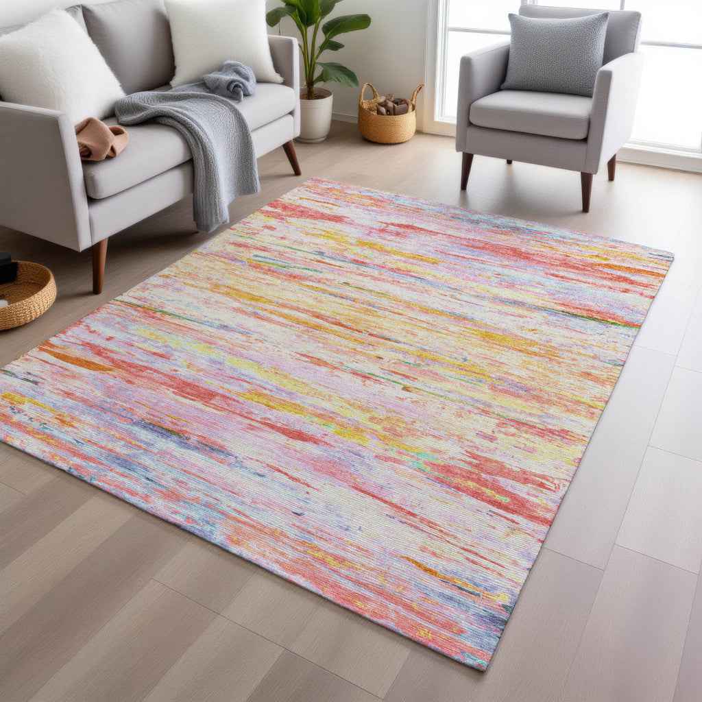 9' X 12' Coral And Yellow Abstract Washable Indoor Outdoor Area Rug