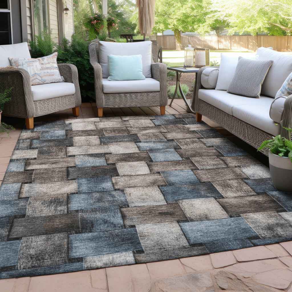 10' X 14' Taupe And Denim Blue Striped Washable Indoor Outdoor Area Rug