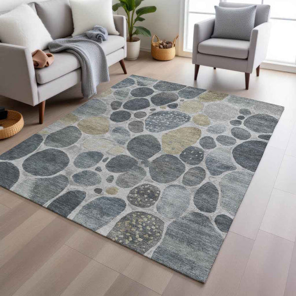 3' X 5' Pewter Beige And Ivory Geometric Washable Indoor Outdoor Area Rug