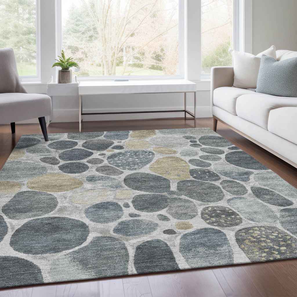 3' X 5' Pewter Beige And Ivory Geometric Washable Indoor Outdoor Area Rug