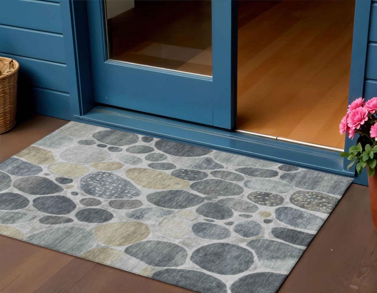 3' X 5' Pewter Beige And Ivory Geometric Washable Indoor Outdoor Area Rug