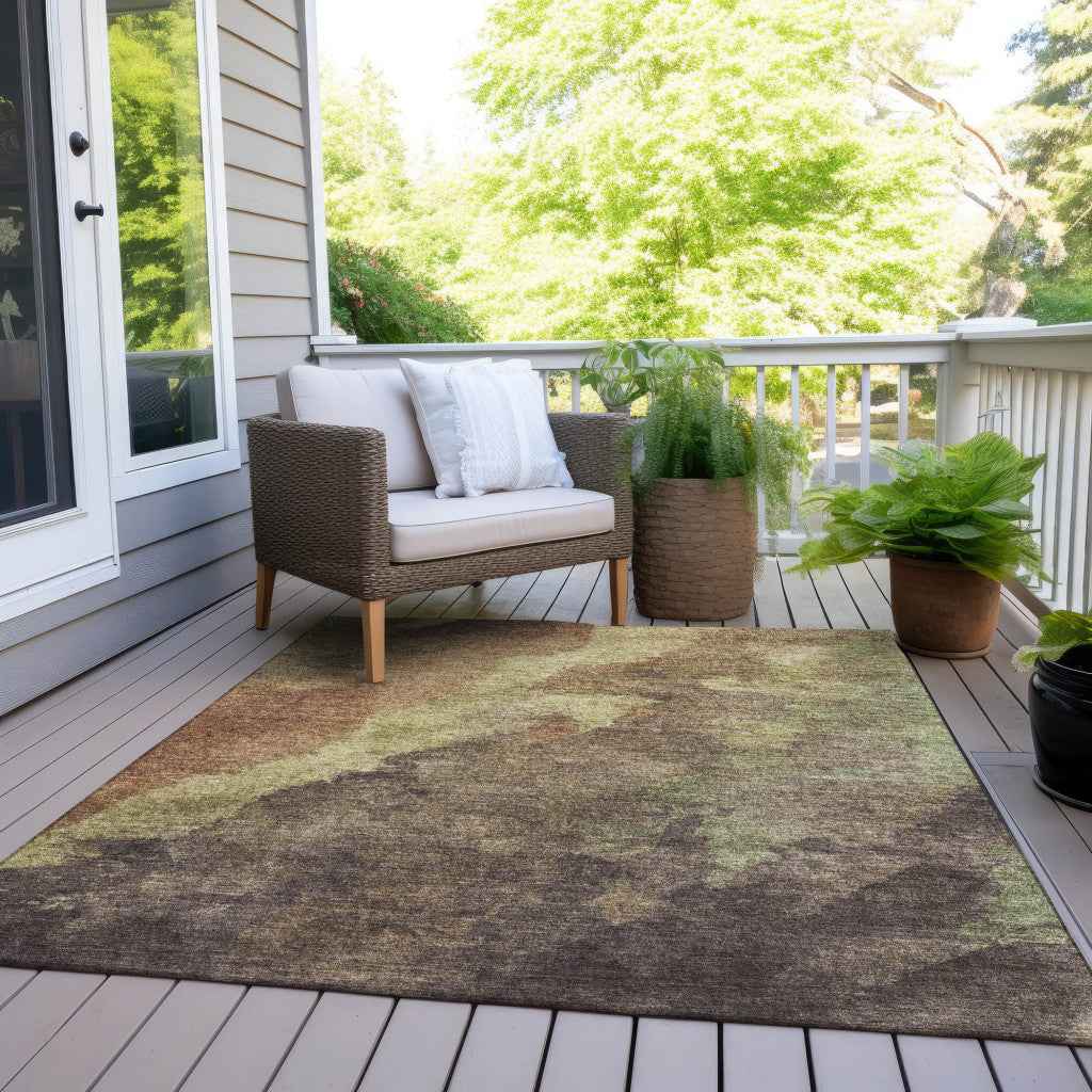 9' X 12' Brown And Fern Green Abstract Washable Indoor Outdoor Area Rug