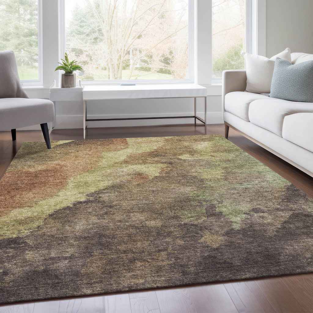 9' X 12' Brown And Fern Green Abstract Washable Indoor Outdoor Area Rug