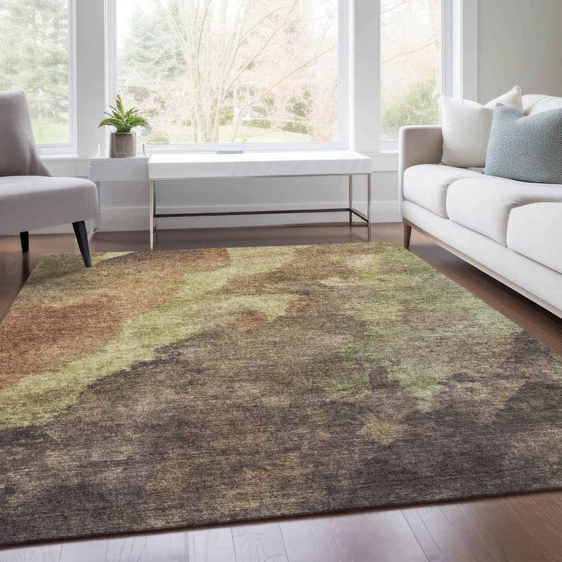 9' X 12' Brown And Fern Green Abstract Washable Indoor Outdoor Area Rug