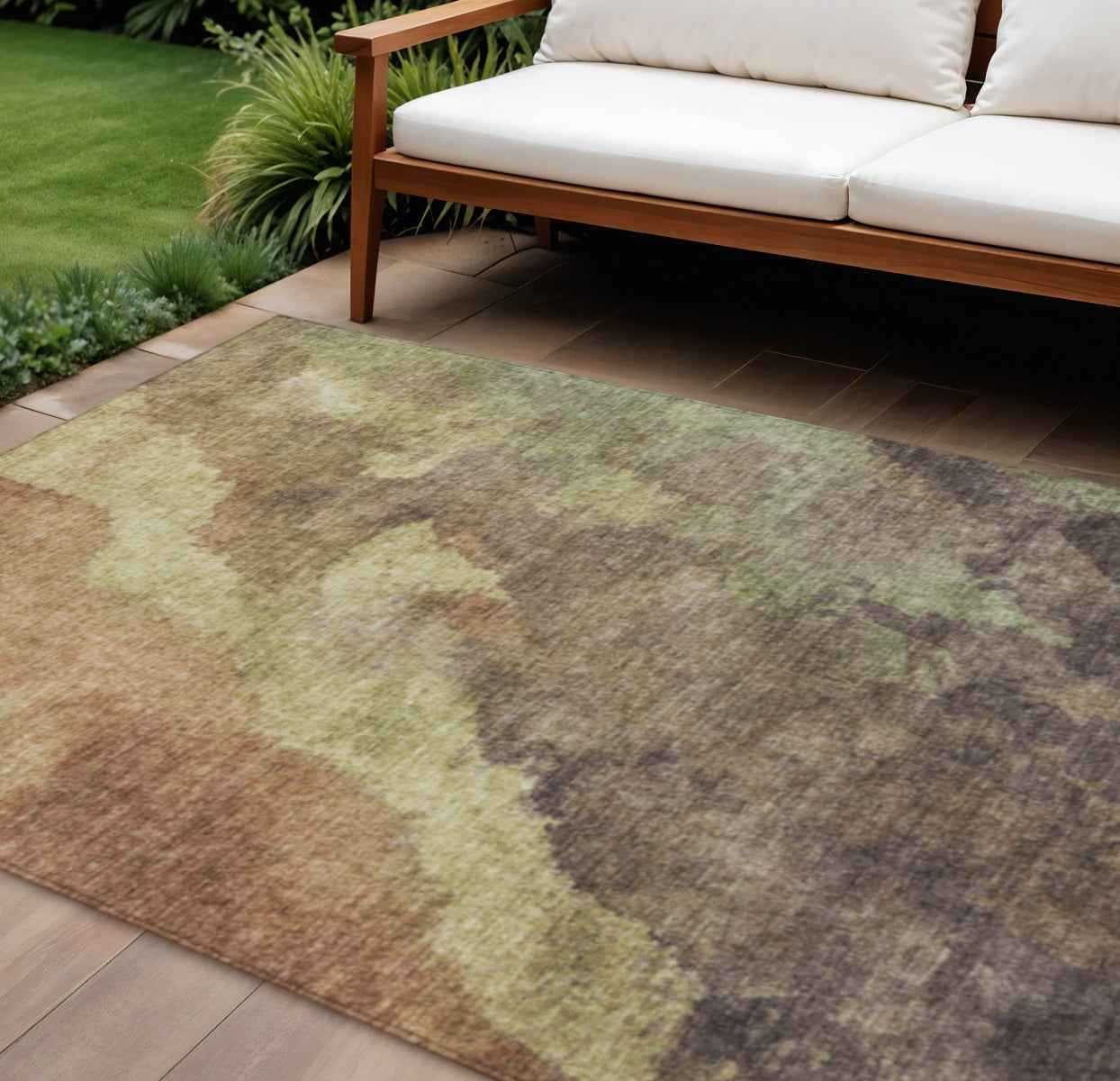 9' X 12' Brown And Fern Green Abstract Washable Indoor Outdoor Area Rug