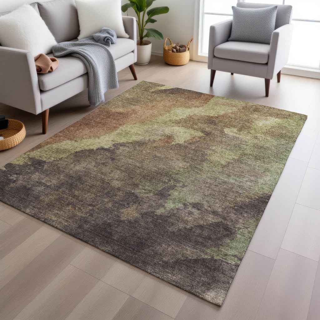 9' X 12' Brown And Fern Green Abstract Washable Indoor Outdoor Area Rug