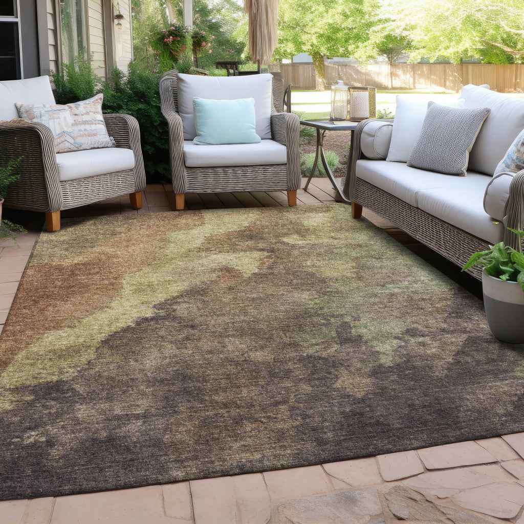 9' X 12' Brown And Fern Green Abstract Washable Indoor Outdoor Area Rug