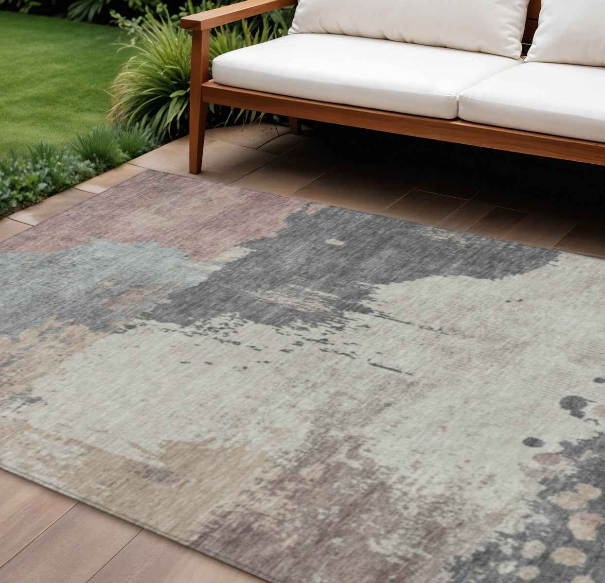 8' X 10' Khaki Charcoal And Ivory Abstract Washable Indoor Outdoor Area Rug