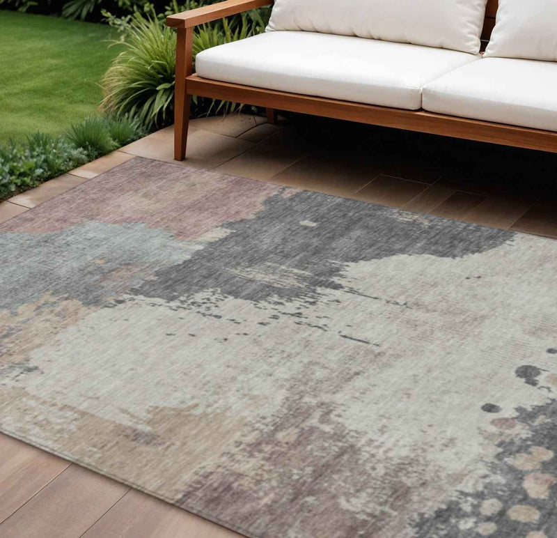 8' X 10' Khaki Charcoal And Ivory Abstract Washable Indoor Outdoor Area Rug
