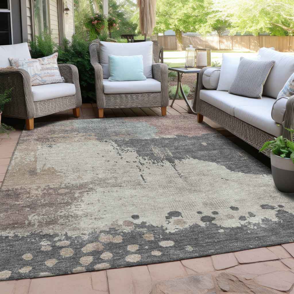 8' X 10' Khaki Charcoal And Ivory Abstract Washable Indoor Outdoor Area Rug