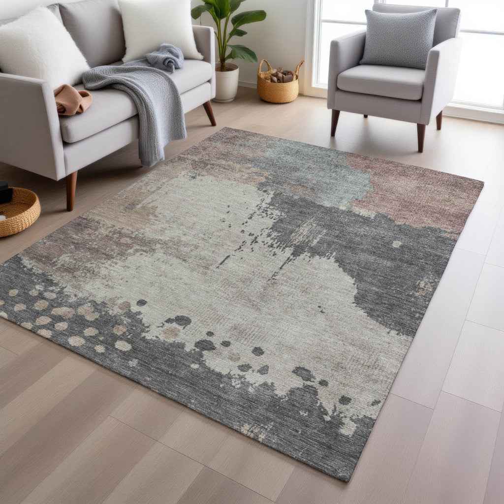 5' X 8' Khaki Charcoal And Ivory Abstract Washable Indoor Outdoor Area Rug