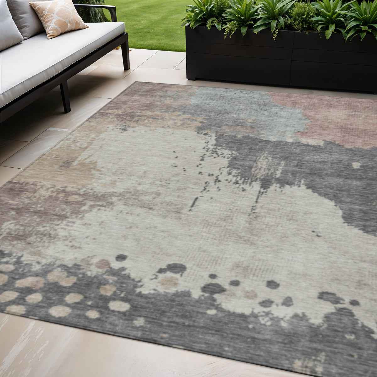 5' X 8' Khaki Charcoal And Ivory Abstract Washable Indoor Outdoor Area Rug