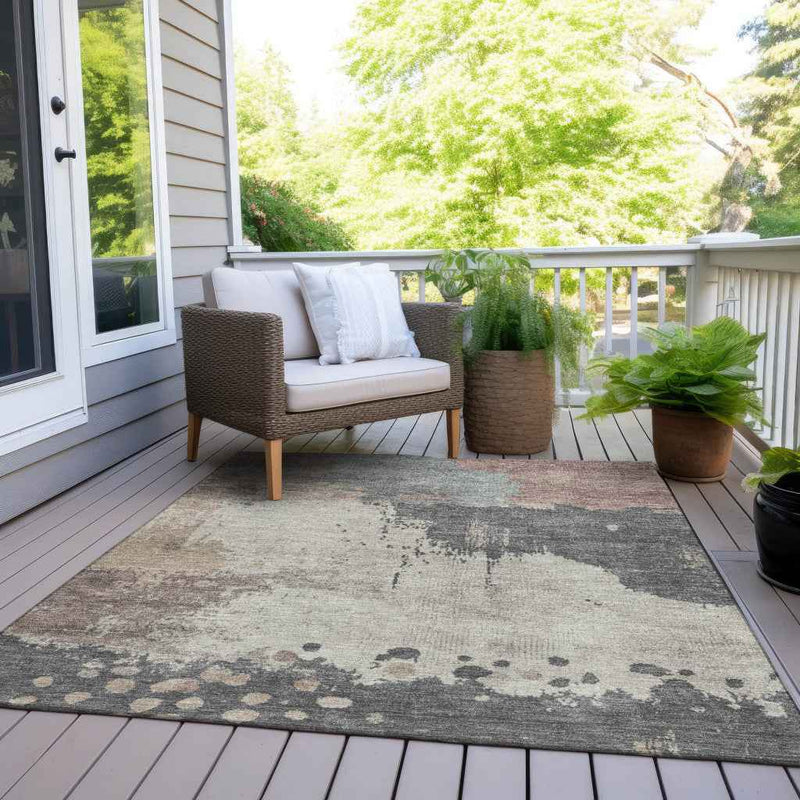 5' X 8' Khaki Charcoal And Ivory Abstract Washable Indoor Outdoor Area Rug