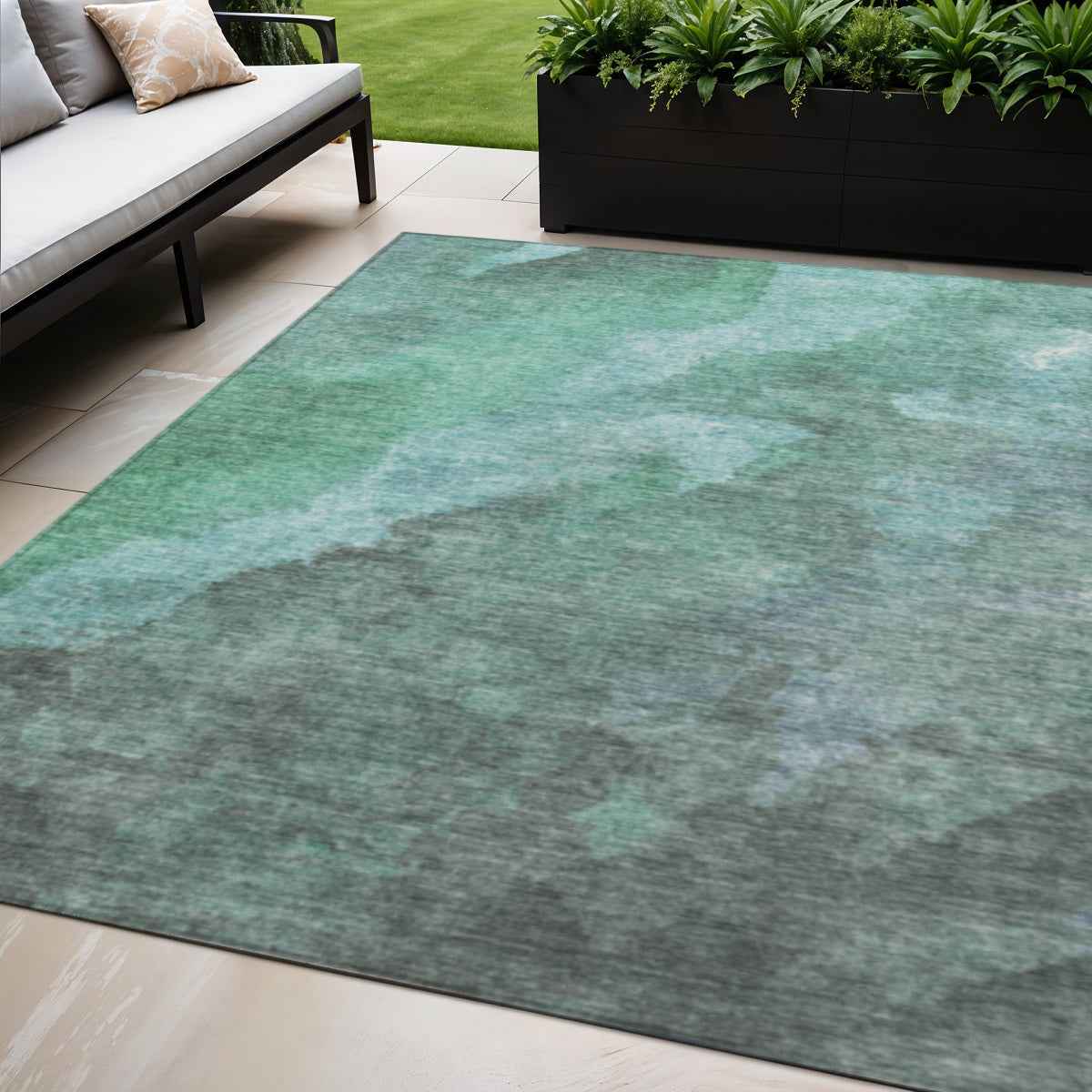 5' X 8' Teal Blue And Pale Aqua Abstract Washable Indoor Outdoor Area Rug