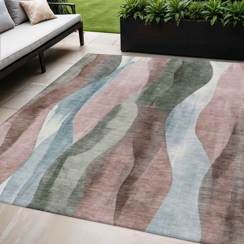 5' X 8' Salmon And Denim Blue Abstract Washable Indoor Outdoor Area Rug