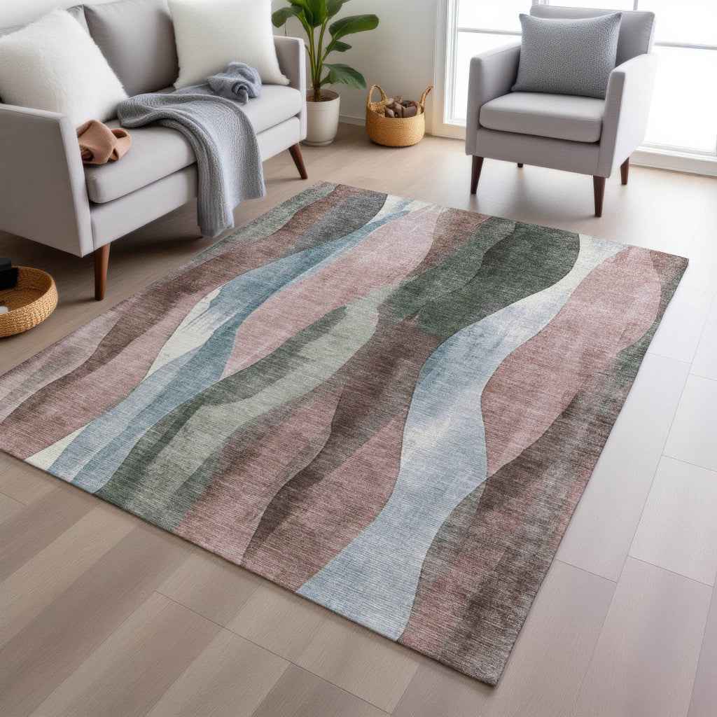5' X 8' Salmon And Denim Blue Abstract Washable Indoor Outdoor Area Rug