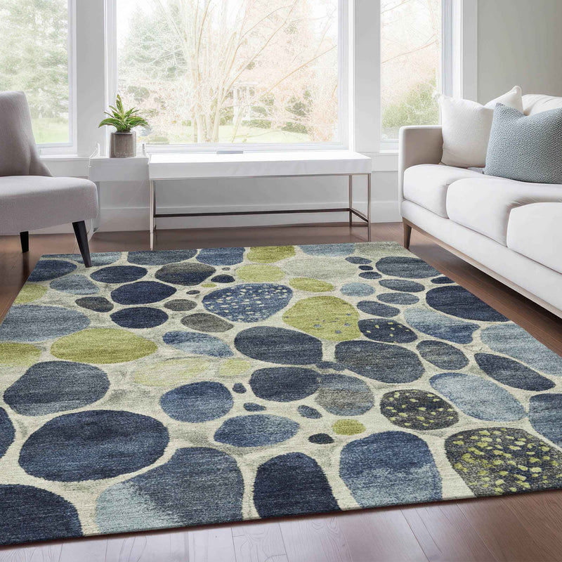 9' X 12' Denim Blue Ivory And Lime Green Geometric Washable Indoor Outdoor Area Rug