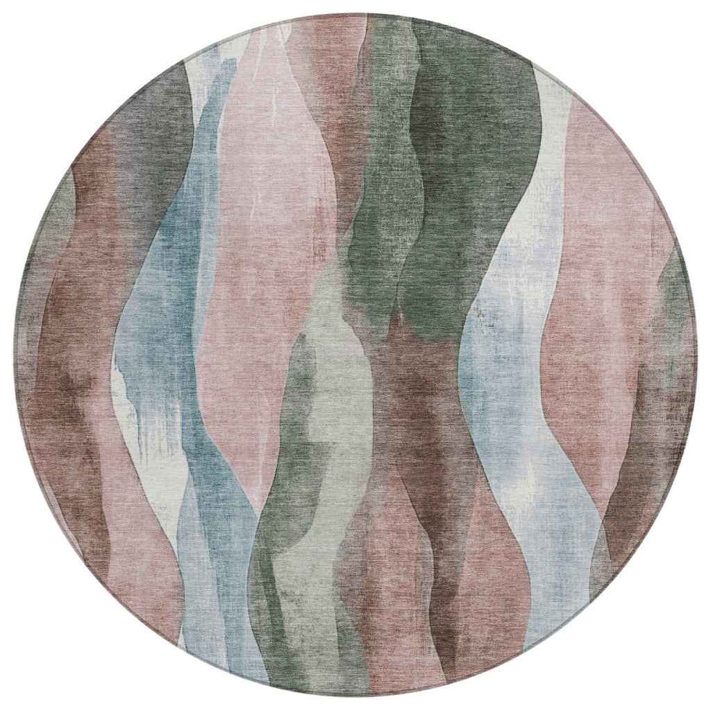 8' Salmon And Denim Blue Round Abstract Washable Indoor Outdoor Area Rug