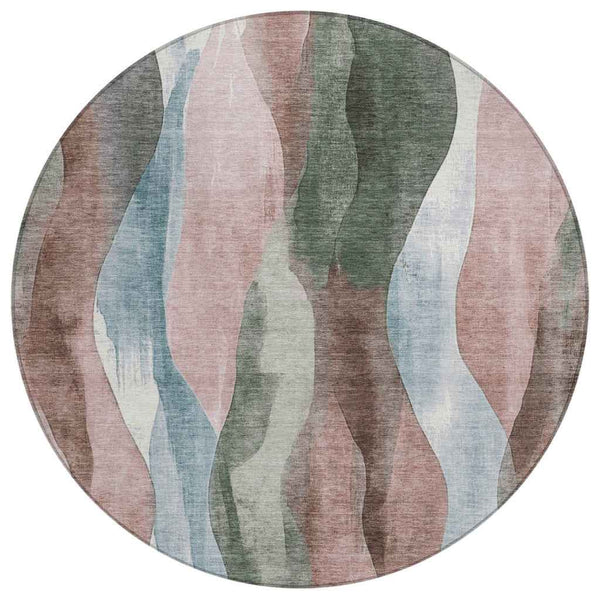 8' Salmon And Denim Blue Round Abstract Washable Indoor Outdoor Area Rug