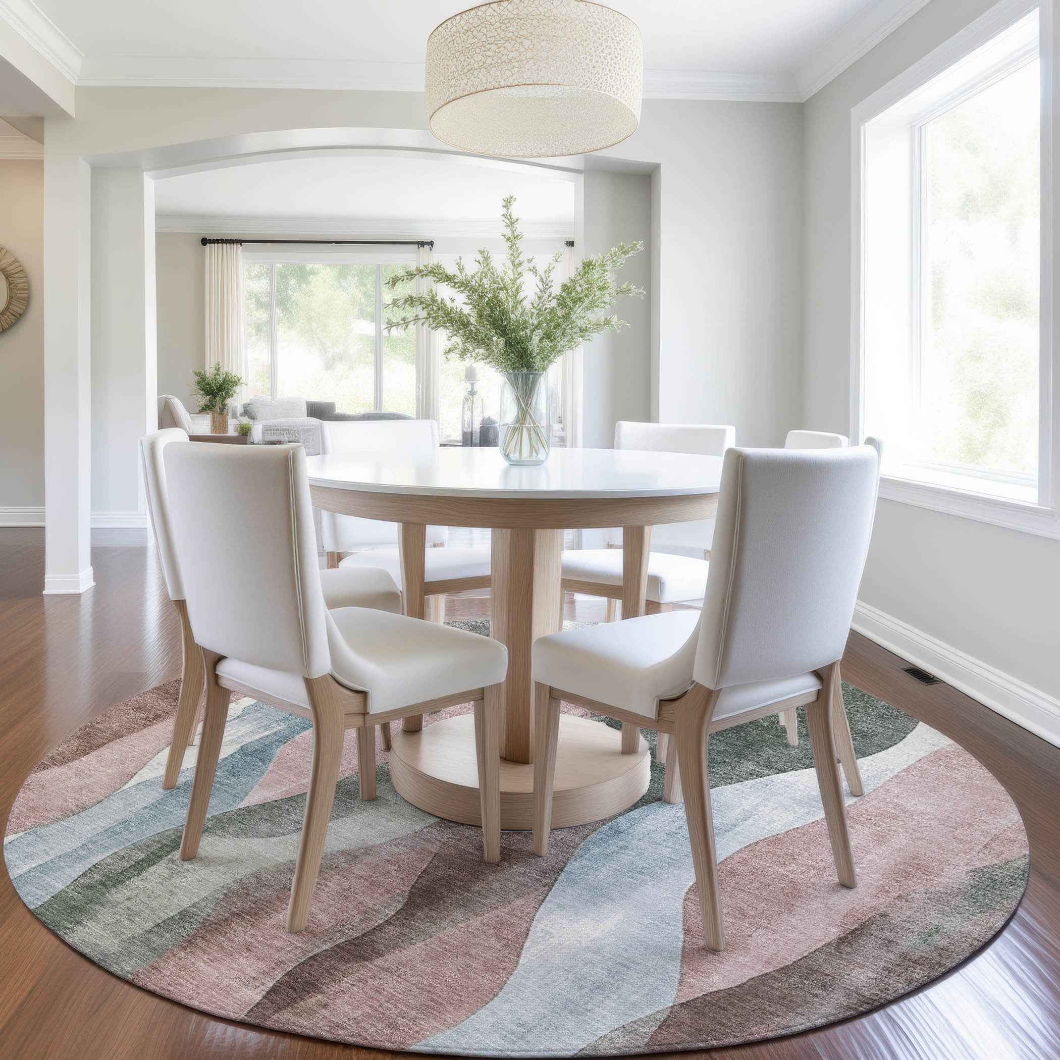 8' Salmon And Denim Blue Round Abstract Washable Indoor Outdoor Area Rug