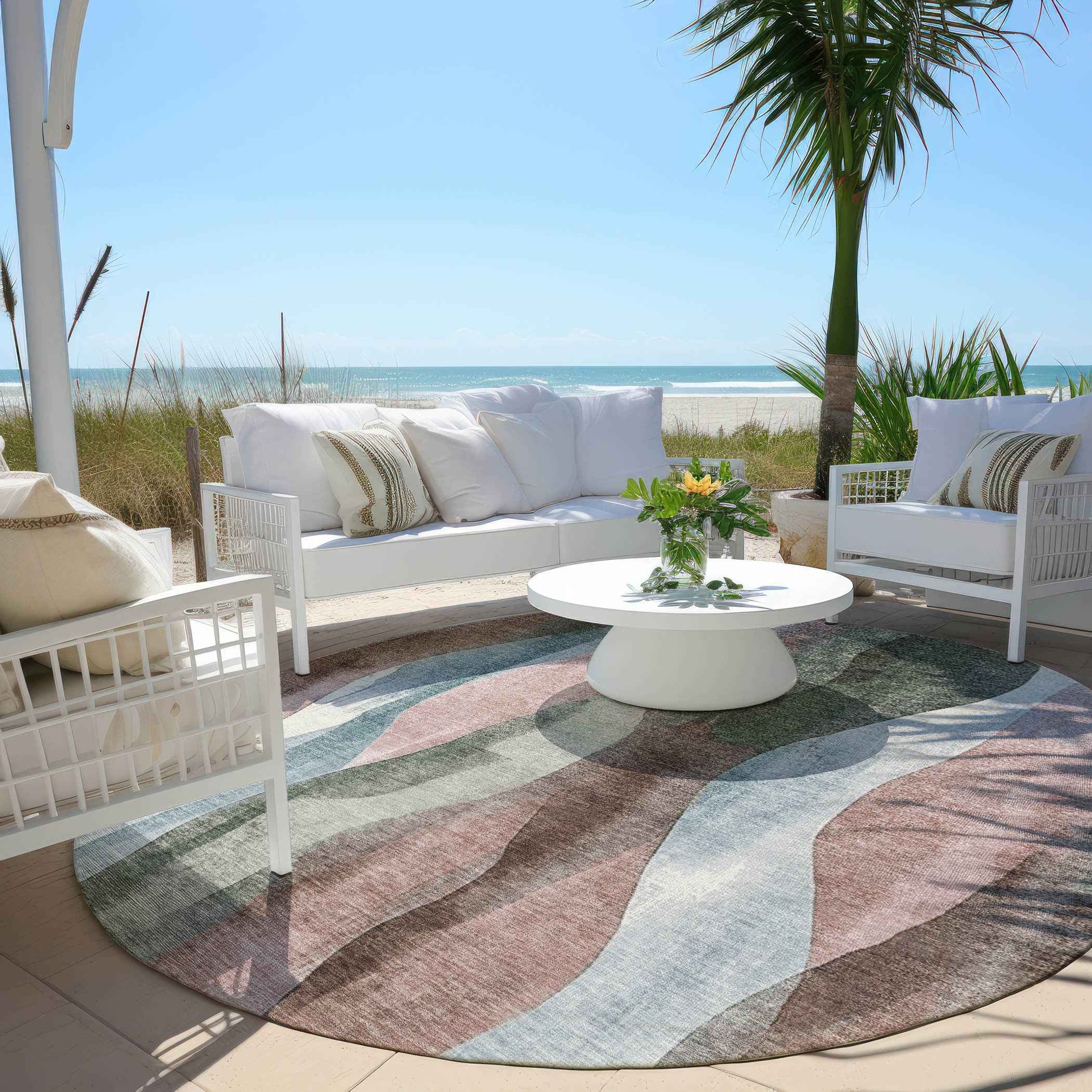 8' Salmon And Denim Blue Round Abstract Washable Indoor Outdoor Area Rug